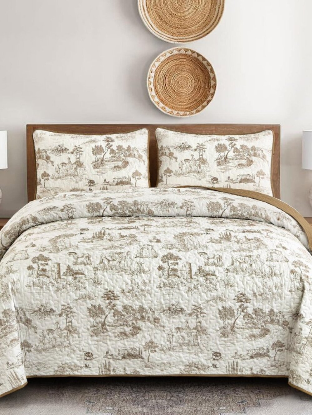 Khaki Quilt Set King Size, Toile Farmhouse Bedspreads, 3 Pieces Rustic Village